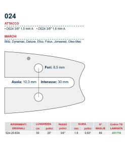 Barra motosega  50 cm – 20″ passo 3/8″ Spessore 1.6 mm – .063″ attacco 024 – 451716