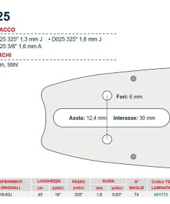 Barra motosega  45 cm – 18″ passo .325″ Spessore 1.6 mm – .063″ attacco 025 – 451773