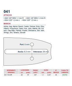 Barra motosega  25 cm – 10″ passo 3/8″ Spessore 1.1 mm – .043″ attacco 041 – 452704
