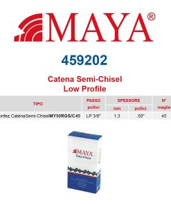 Catena confezionata LP 3/8″ 1.3 mm – .050″ 45 maglie con antirimbalzo profilo Semi tondo MAYA- 459202
